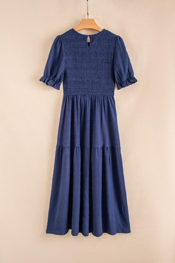 Midi Dresses | Women Sail Blue Solid Textured Smocked High Waist Midi Dress - Image 5