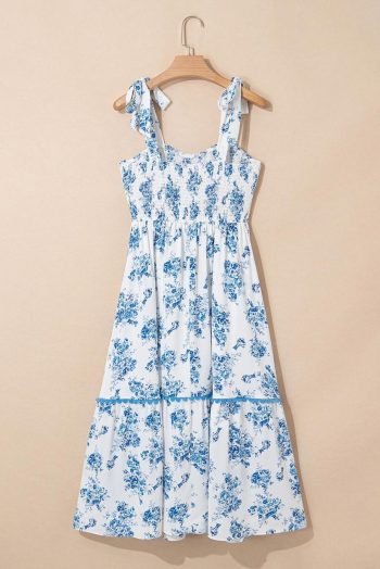 Midi Dresses | Women Sky Blue Floral Print Smocked Knot Shoulder Sleeveless Midi Dress