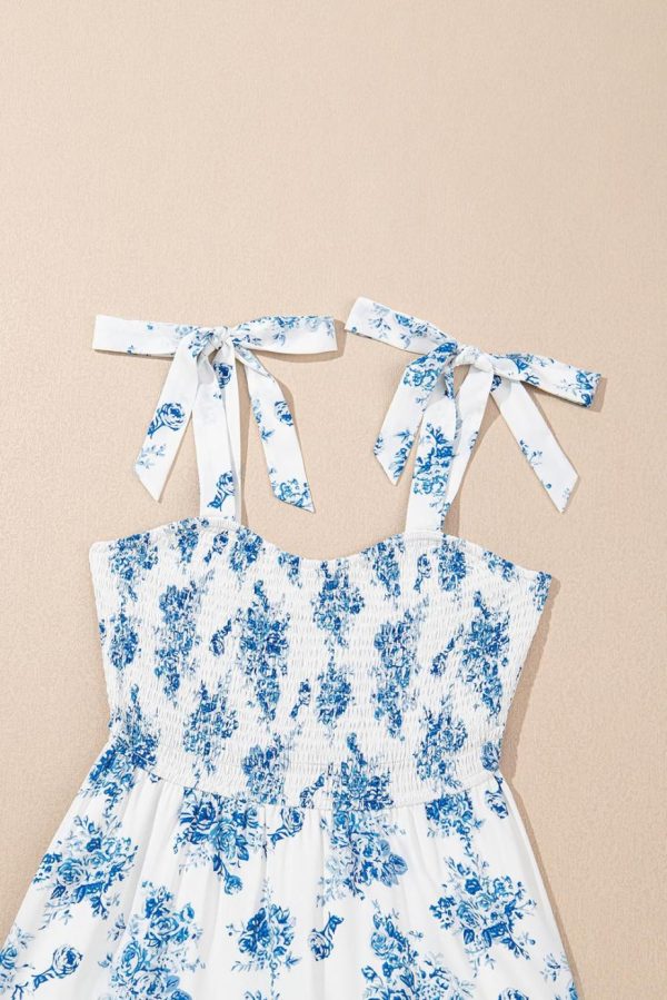 Midi Dresses | Women Sky Blue Floral Print Smocked Knot Shoulder Sleeveless Midi Dress - Image 2