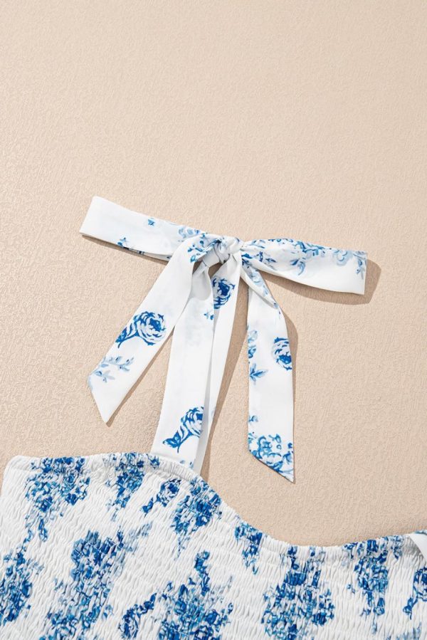 Midi Dresses | Women Sky Blue Floral Print Smocked Knot Shoulder Sleeveless Midi Dress - Image 3