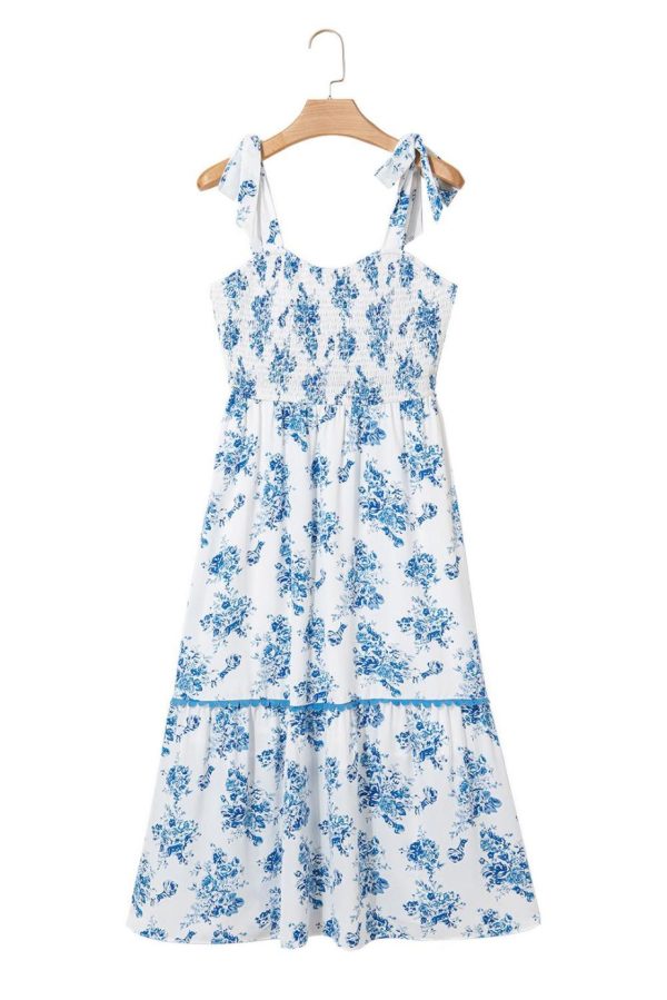 Midi Dresses | Women Sky Blue Floral Print Smocked Knot Shoulder Sleeveless Midi Dress - Image 7