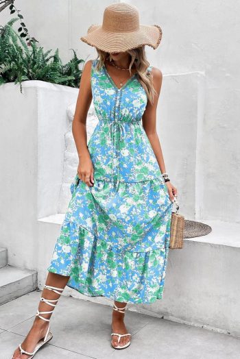 Midi Dresses | Women Sky Blue Floral Print Trimmed V Neck Sleeveless Vacation Dress