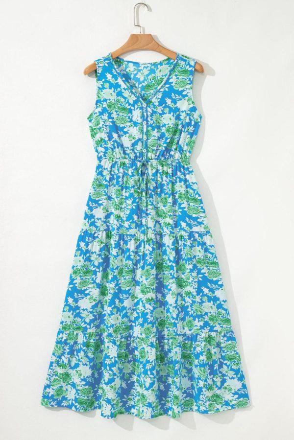 Midi Dresses | Women Sky Blue Floral Print Trimmed V Neck Sleeveless Vacation Dress - Image 2