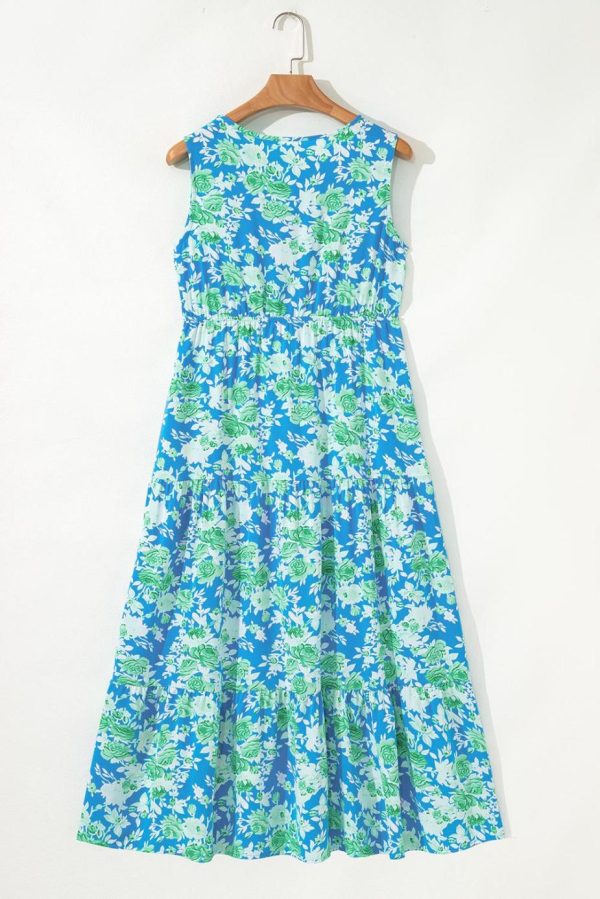 Midi Dresses | Women Sky Blue Floral Print Trimmed V Neck Sleeveless Vacation Dress - Image 3