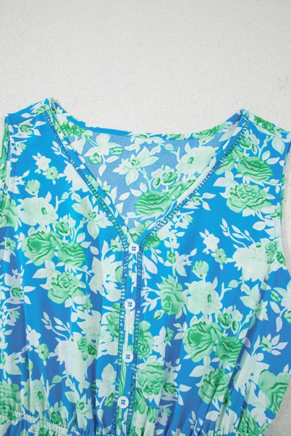 Midi Dresses | Women Sky Blue Floral Print Trimmed V Neck Sleeveless Vacation Dress - Image 4