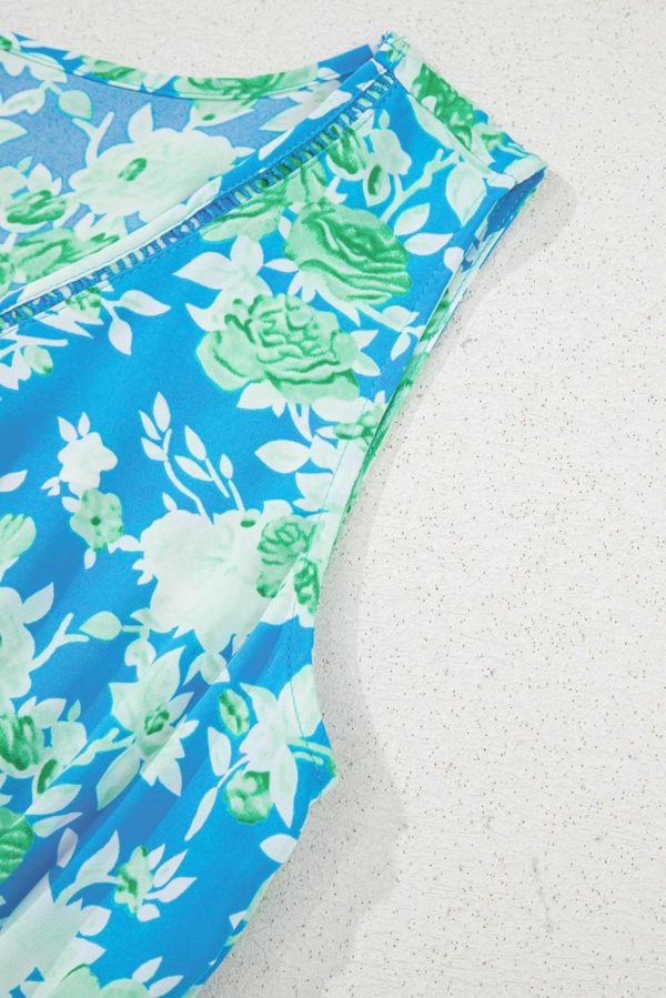 Midi Dresses | Women Sky Blue Floral Print Trimmed V Neck Sleeveless Vacation Dress - Image 5