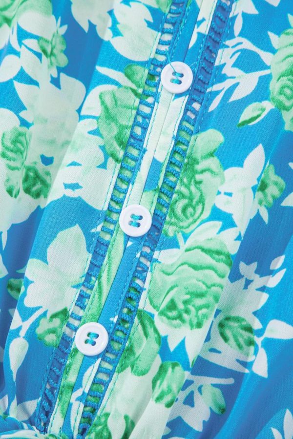 Midi Dresses | Women Sky Blue Floral Print Trimmed V Neck Sleeveless Vacation Dress - Image 6