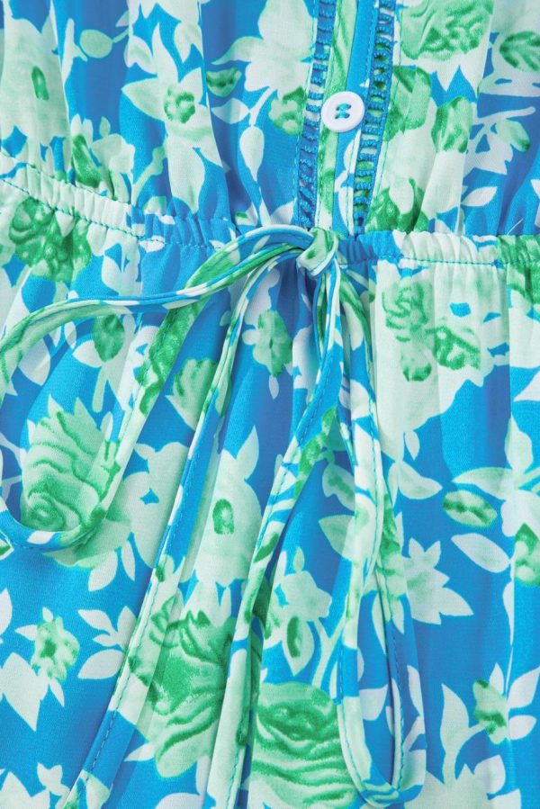 Midi Dresses | Women Sky Blue Floral Print Trimmed V Neck Sleeveless Vacation Dress - Image 7