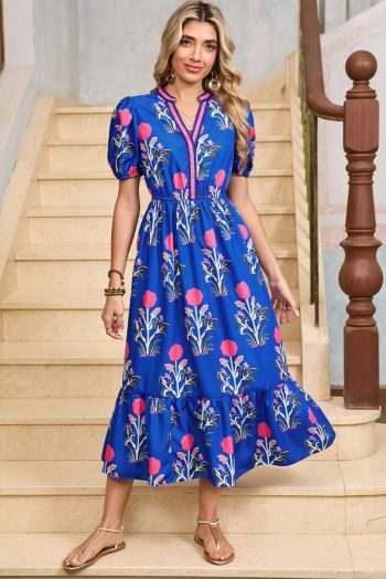 Midi Dresses | Women Sky Blue Floral Ruffle Hem Pop Of Color Neckline Dress