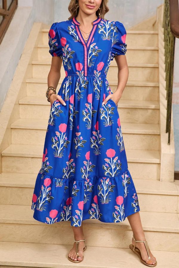 Midi Dresses | Women Sky Blue Floral Ruffle Hem Pop Of Color Neckline Dress - Image 4