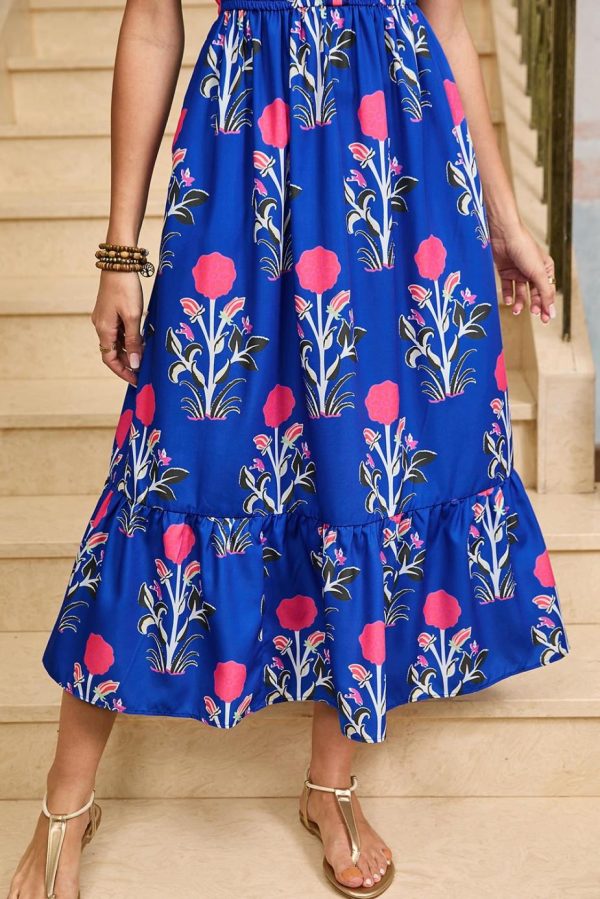 Midi Dresses | Women Sky Blue Floral Ruffle Hem Pop Of Color Neckline Dress - Image 5