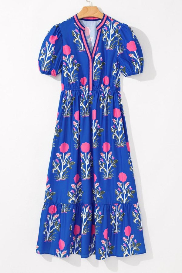 Midi Dresses | Women Sky Blue Floral Ruffle Hem Pop Of Color Neckline Dress - Image 6