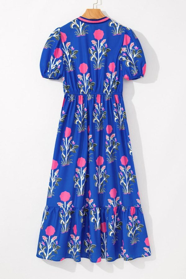 Midi Dresses | Women Sky Blue Floral Ruffle Hem Pop Of Color Neckline Dress - Image 7