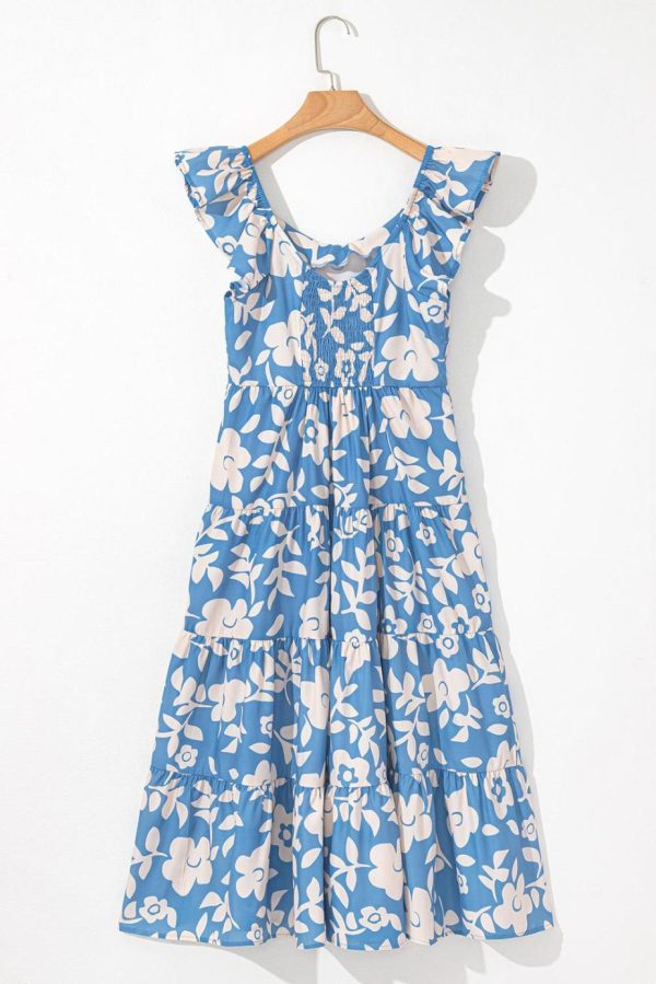 Midi Dresses | Women Sky Blue Floral U Neck Sleeveless Tiered Flowy Midi Dress - Image 2