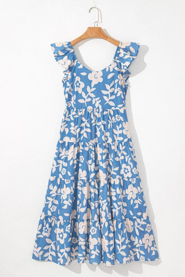 Midi Dresses | Women Sky Blue Floral U Neck Sleeveless Tiered Flowy Midi Dress - Image 3