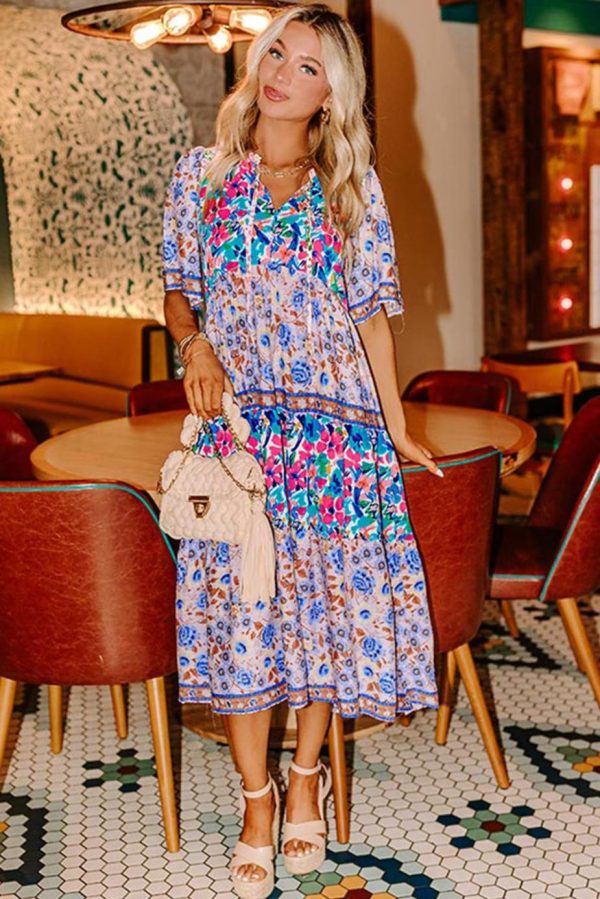 Midi Dresses | Women Sky Blue Mixed Floral Print Tie Split Neck Short Sleeve Dress