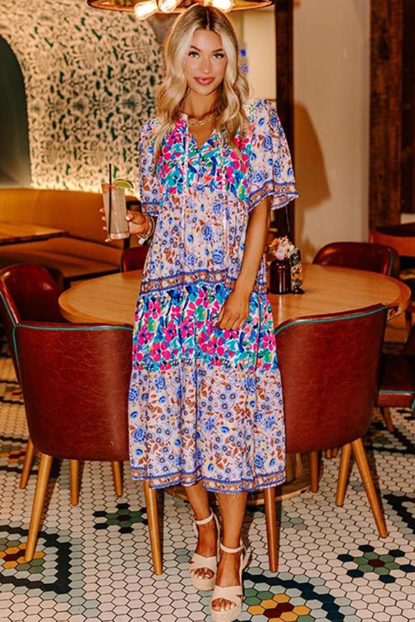 Midi Dresses | Women Sky Blue Mixed Floral Print Tie Split Neck Short Sleeve Dress - Image 2