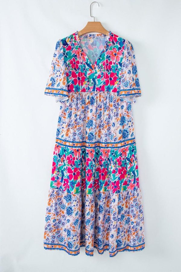 Midi Dresses | Women Sky Blue Mixed Floral Print Tie Split Neck Short Sleeve Dress - Image 5