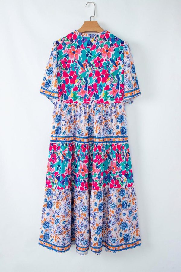 Midi Dresses | Women Sky Blue Mixed Floral Print Tie Split Neck Short Sleeve Dress - Image 6