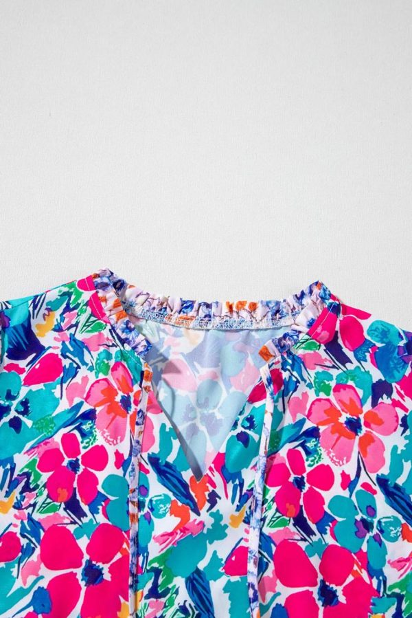 Midi Dresses | Women Sky Blue Mixed Floral Print Tie Split Neck Short Sleeve Dress - Image 7