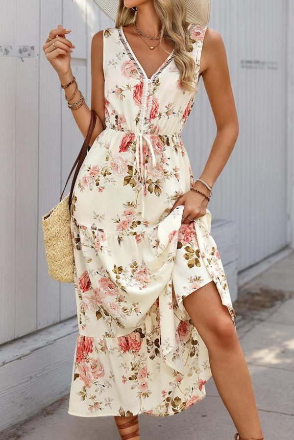 Midi Dresses | Women White Floral Print V Neck Sleeveless Tiered Dress