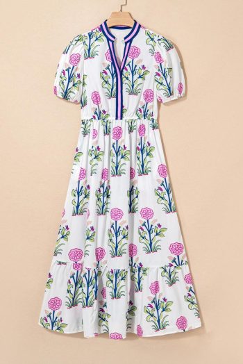 Midi Dresses | Women White Floral Ruffle Hem Pop Of Color Neckline Dress
