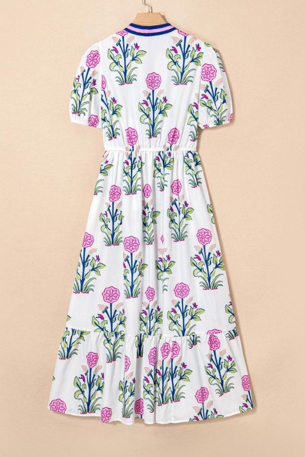 Midi Dresses | Women White Floral Ruffle Hem Pop Of Color Neckline Dress - Image 2