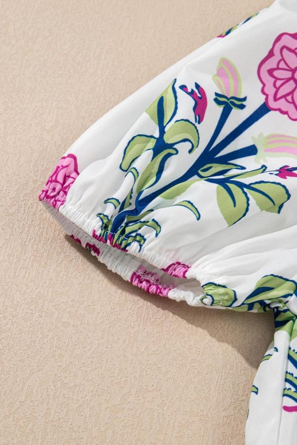 Midi Dresses | Women White Floral Ruffle Hem Pop Of Color Neckline Dress - Image 4
