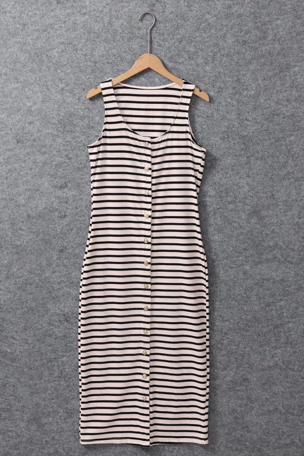 Midi Dresses | Women White Stripe Sleeveless Button Front Midi Dress - Image 3