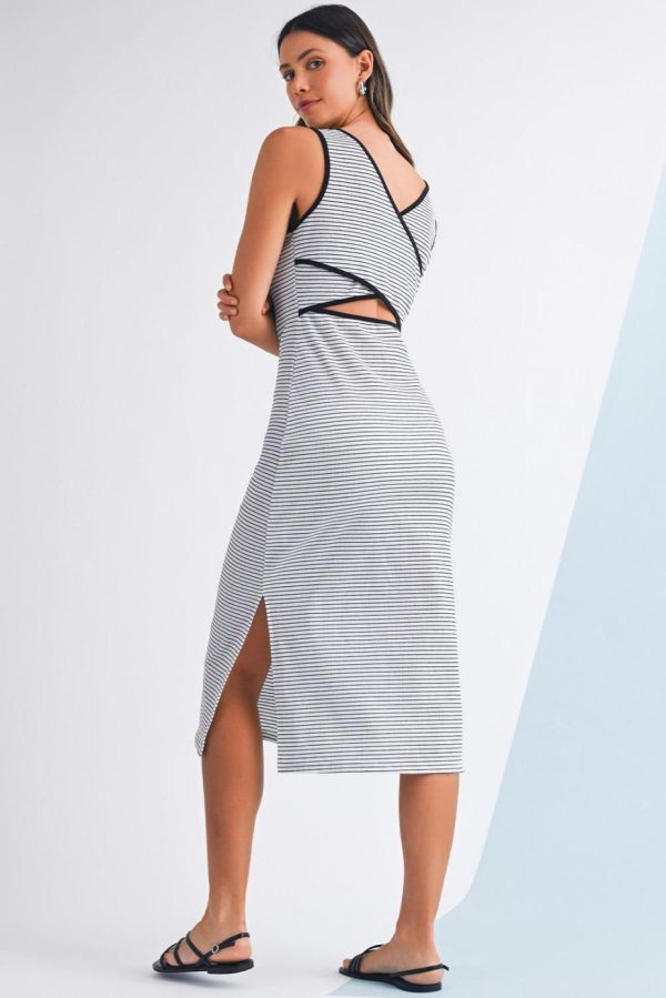 Midi Dresses | Women White Striped Criss Cross Back Side Slits Slim Fit Sleeveless Dress - Image 4