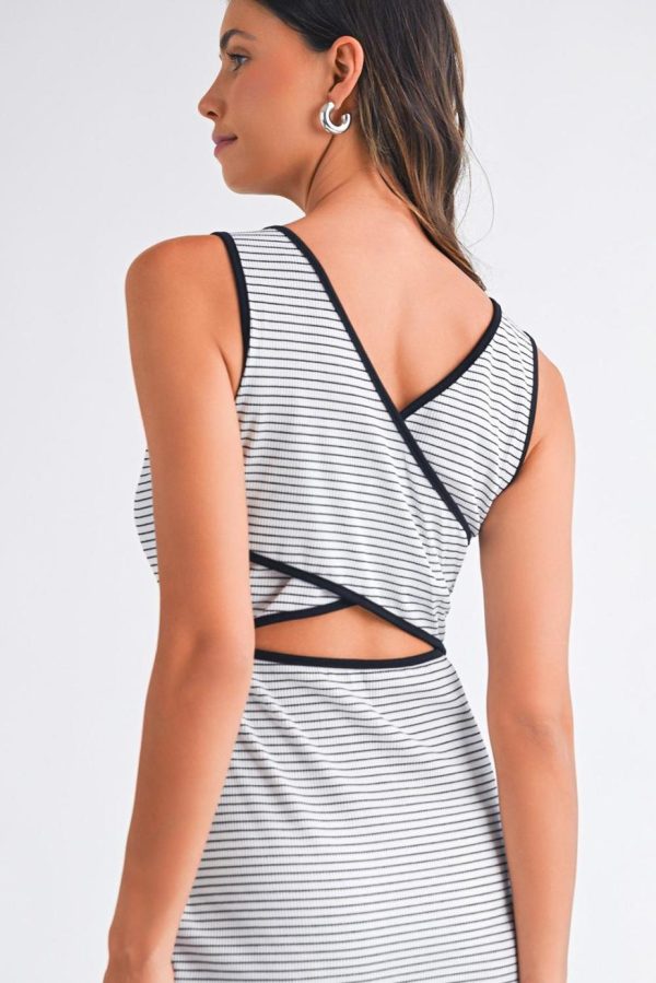 Midi Dresses | Women White Striped Criss Cross Back Side Slits Slim Fit Sleeveless Dress - Image 5