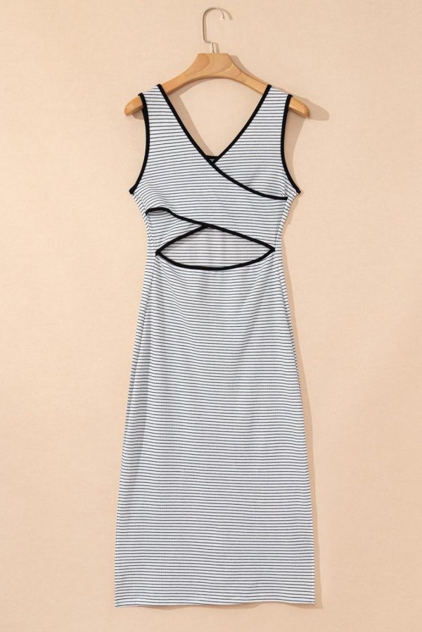 Midi Dresses | Women White Striped Criss Cross Back Side Slits Slim Fit Sleeveless Dress - Image 6