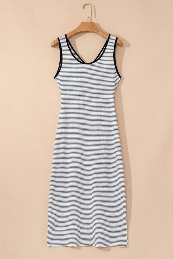 Midi Dresses | Women White Striped Criss Cross Back Side Slits Slim Fit Sleeveless Dress - Image 7