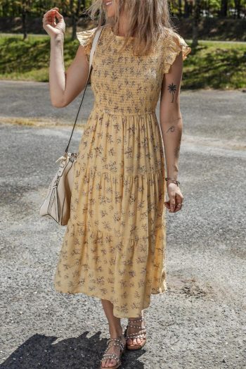 Midi Dresses | Women Yellow Boho Floral Print Ruffle Shirred Flowy Summer Dress
