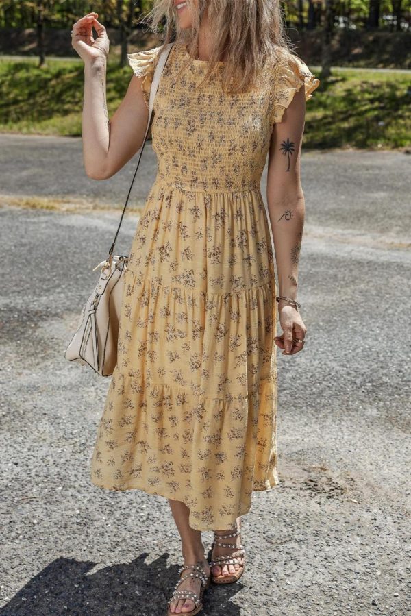 Midi Dresses | Women Yellow Boho Floral Print Ruffle Shirred Flowy Summer Dress
