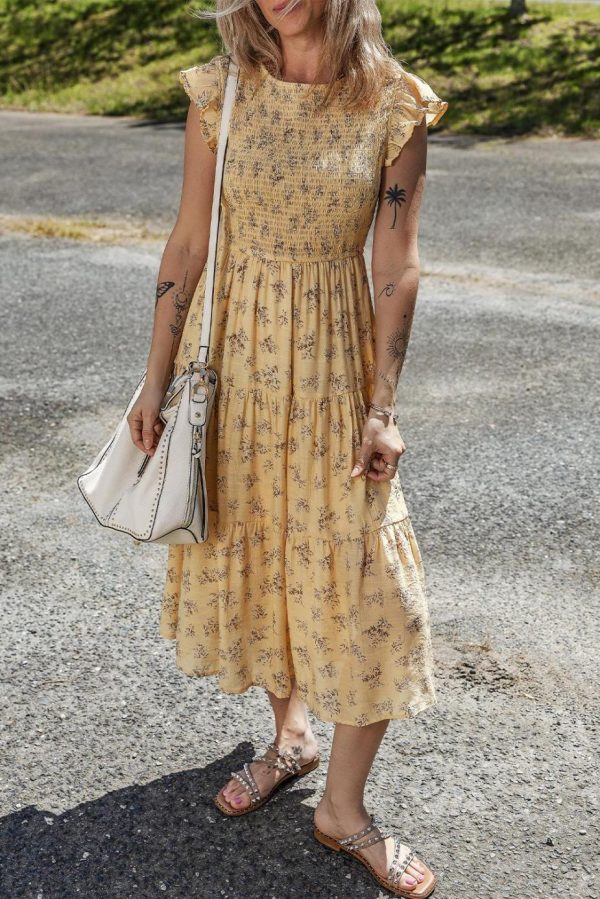 Midi Dresses | Women Yellow Boho Floral Print Ruffle Shirred Flowy Summer Dress - Image 2