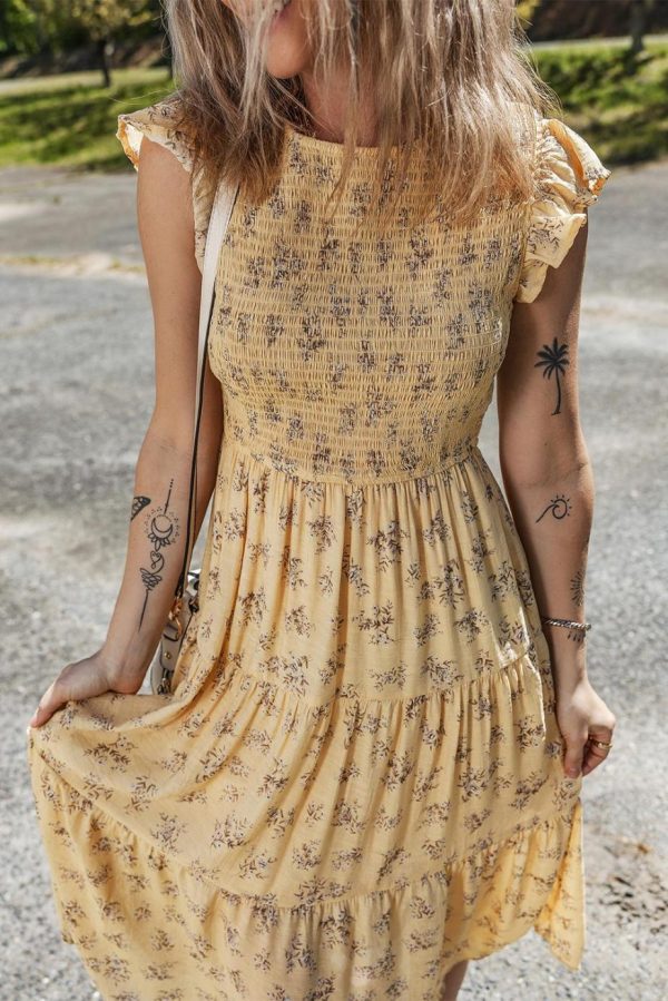 Midi Dresses | Women Yellow Boho Floral Print Ruffle Shirred Flowy Summer Dress - Image 3