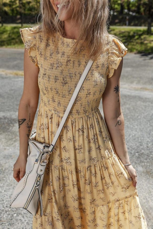 Midi Dresses | Women Yellow Boho Floral Print Ruffle Shirred Flowy Summer Dress - Image 4