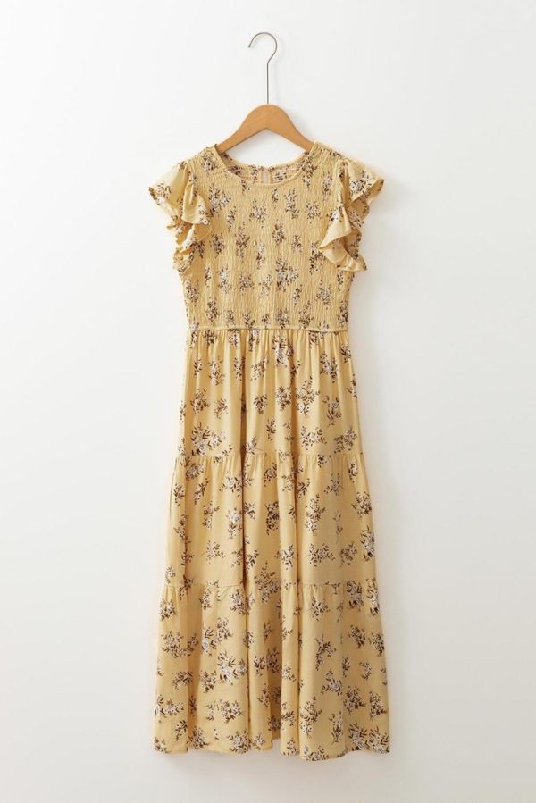 Midi Dresses | Women Yellow Boho Floral Print Ruffle Shirred Flowy Summer Dress - Image 5