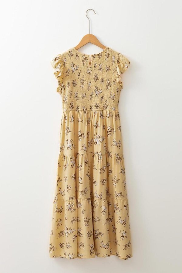 Midi Dresses | Women Yellow Boho Floral Print Ruffle Shirred Flowy Summer Dress - Image 6