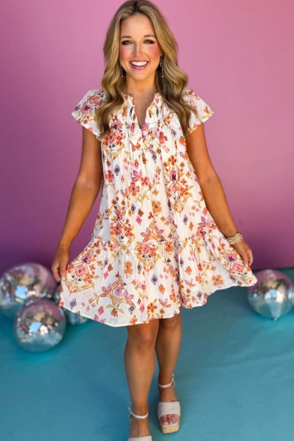 Short Dresses | Women Apricot Floral Print Ruffled Trim Flutter Sleeve Mini Dress