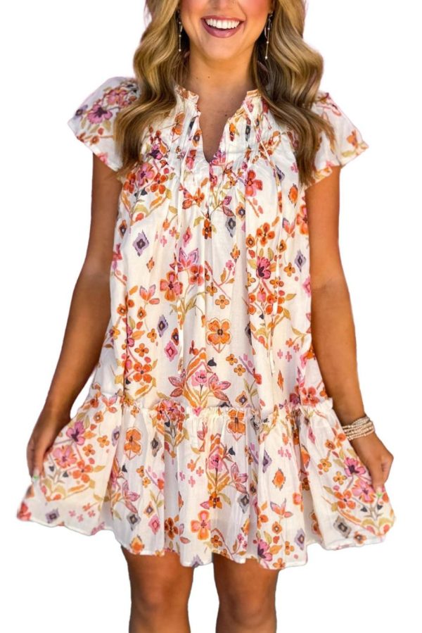 Short Dresses | Women Apricot Floral Print Ruffled Trim Flutter Sleeve Mini Dress - Image 2