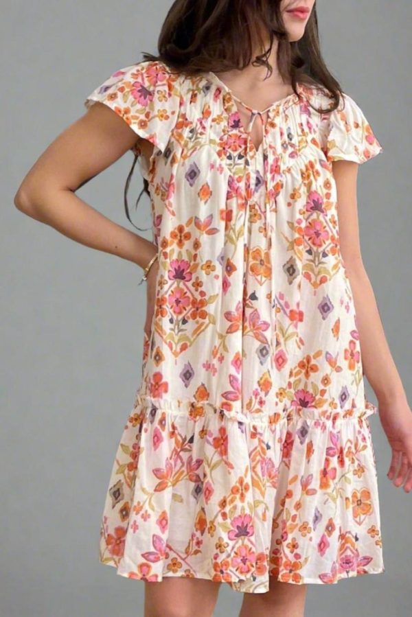 Short Dresses | Women Apricot Floral Print Ruffled Trim Flutter Sleeve Mini Dress - Image 3