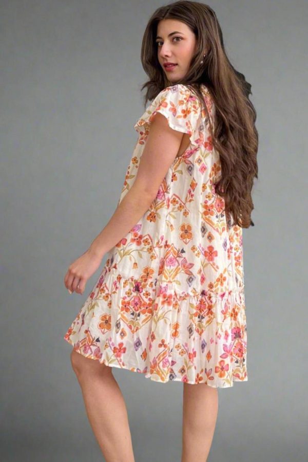 Short Dresses | Women Apricot Floral Print Ruffled Trim Flutter Sleeve Mini Dress - Image 4