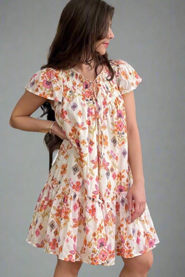Short Dresses | Women Apricot Floral Print Ruffled Trim Flutter Sleeve Mini Dress - Image 6