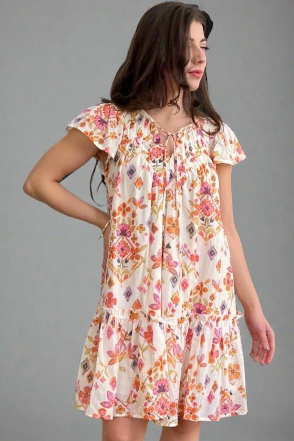 Short Dresses | Women Apricot Floral Print Ruffled Trim Flutter Sleeve Mini Dress - Image 7