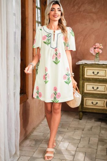 Short Dresses | Women Apricot Striped Trim Short Sleeve Split Neck Floral Mini Dress