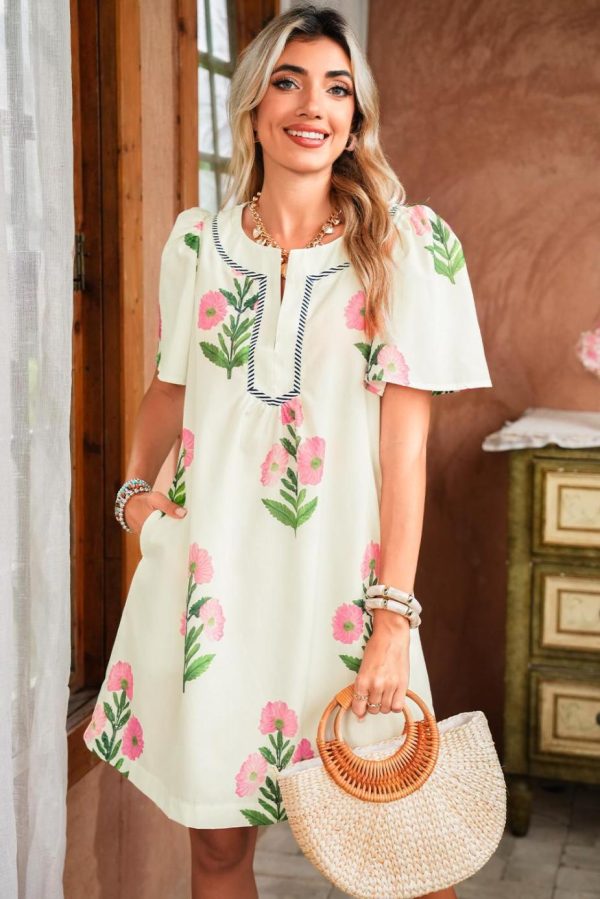 Short Dresses | Women Apricot Striped Trim Short Sleeve Split Neck Floral Mini Dress - Image 2