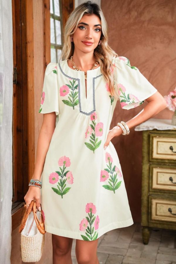 Short Dresses | Women Apricot Striped Trim Short Sleeve Split Neck Floral Mini Dress - Image 3