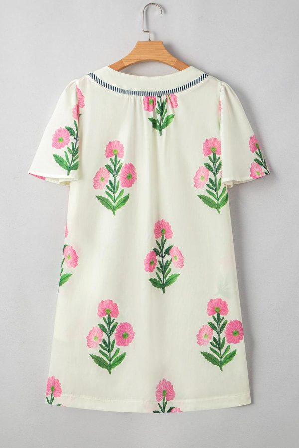 Short Dresses | Women Apricot Striped Trim Short Sleeve Split Neck Floral Mini Dress - Image 5